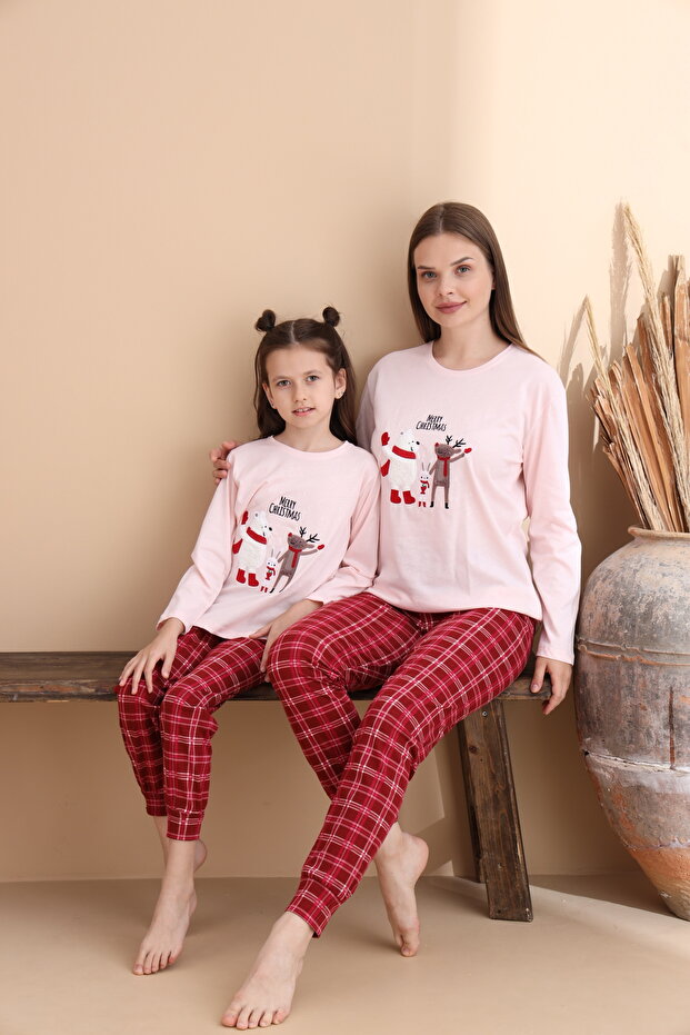 Powder Pink Plaid Pattern Cotton Knitted Long Sleeve Women's Pajamas Set