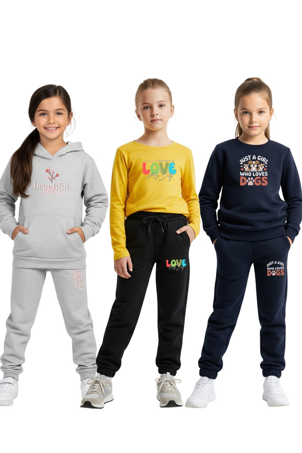 3-Piece Girl's Tracksuit Set with Hooded Kangaroo Pocket and Zero Collar Print