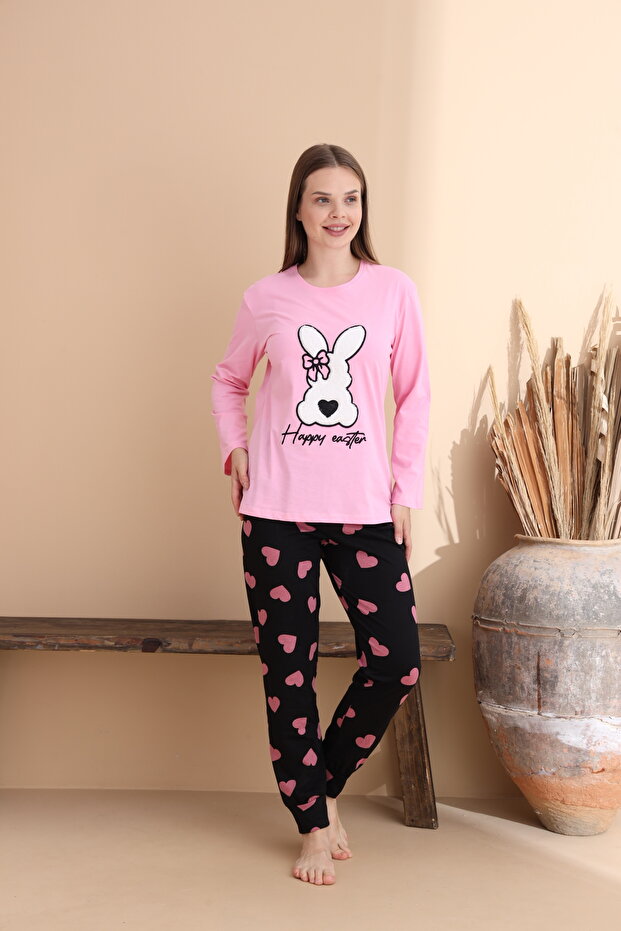 Pembe Kalp Desen Pamuklu Örme Uzun Kol Çocuk Pijama Takımı - 4