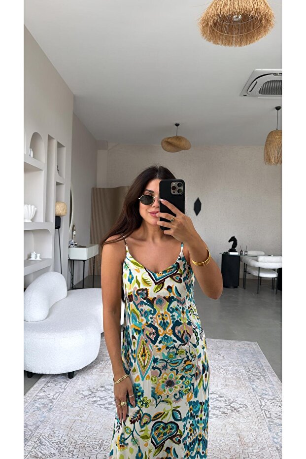 فستان فيسكوز بحمالات منقوشة بالنيون - 1