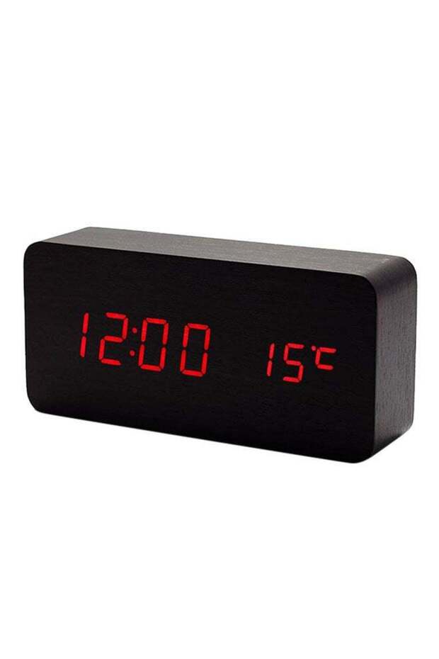 LED Wood Grain Alarm Clocks With Temperature Display Black