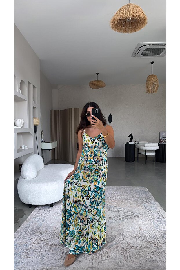 فستان فيسكوز بحمالات منقوشة بالنيون - 2