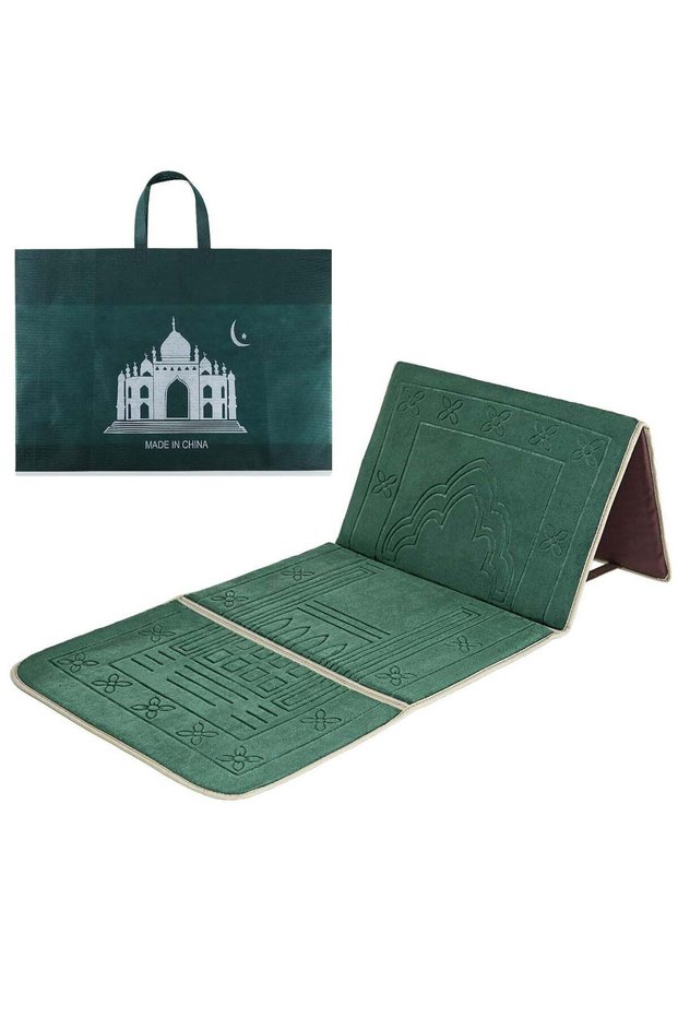 Prayer Rug with Back Support / Foldable Meditation Floor Chair & Carrying Pocket (Army Green)
