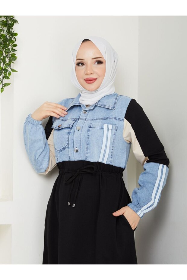 Women's Denim and Two-Thread Cotton Hijab Dress – Long-Sleeved Comfortable Daily Coat Model n-05455 _ Black
