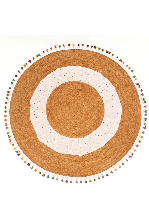 Handcrafted Jute Round Rug with Fabric & Colorful Tassel Pendants Floor Mat