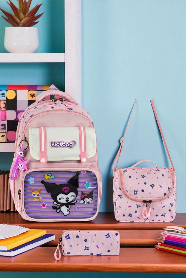 Girl's Primary School Orthopedic Set of 3 Pen Holder Lunch Bag with 3 Compartments Water Bottle
