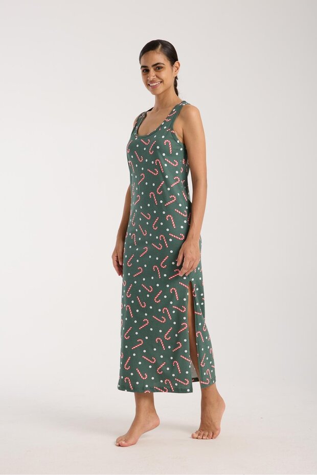 Women's Thick Strap Slit Long Green Nightdress