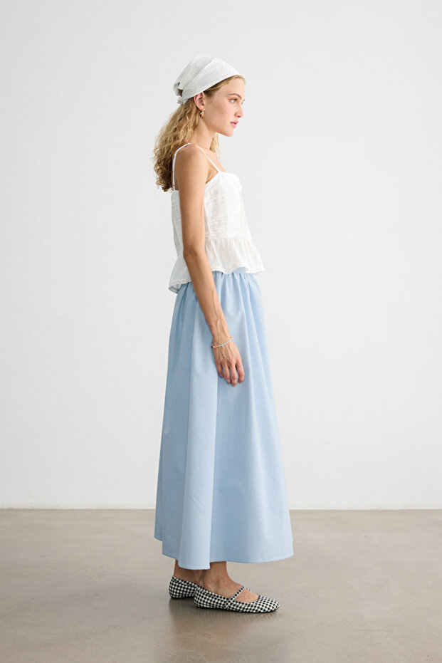 Blue Gathered Poplin Skirt - 6