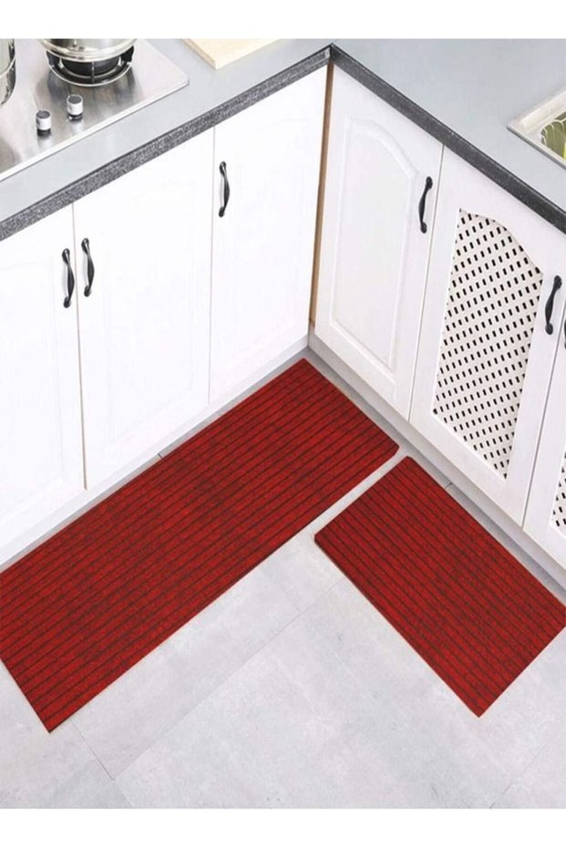 2-Piece Kitchen Non-Slip Rugs Set Line Design Quickly Absorbs Water Mats 120 x 40 and 60 x 40 cm