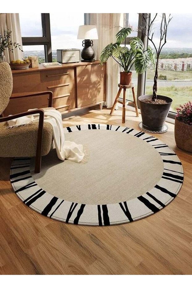 Round Living Room Carpet Stripe Solid Color Light Luxury Soft Coffee Table Rug Plush Bedroom Swivel