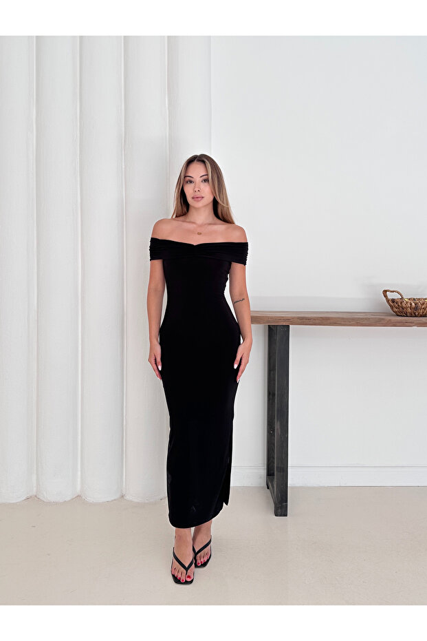 Sandy Fabric Draped Madonna Collar Slit Women's Midi Dress