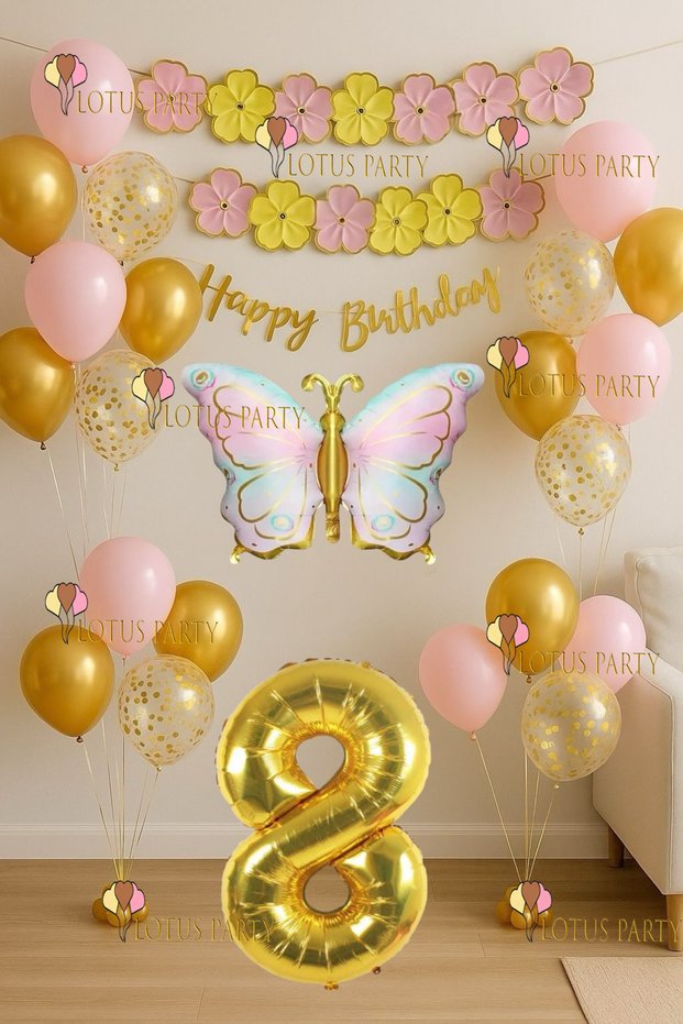 Macaron Floral Gold Butterfly Birthday Set Macaron Banner Gold Number Multicolored Butterfly Age 8