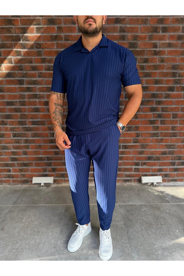 Men's Striped Polo Neck T-Shirt and Pants Combination