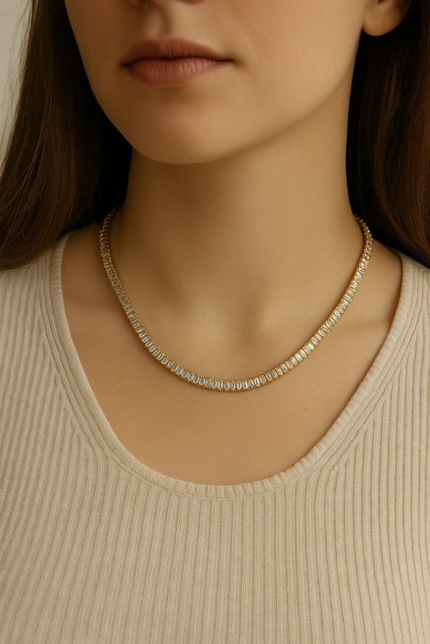 Elegant Sparkle - Gold Colored Waterway Necklace with Stones