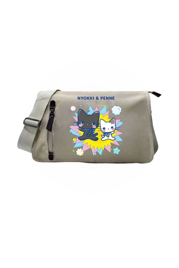 Beige Nyokki & Penne Cute Printed Unisex School, Course, Dershane Messenger Bag