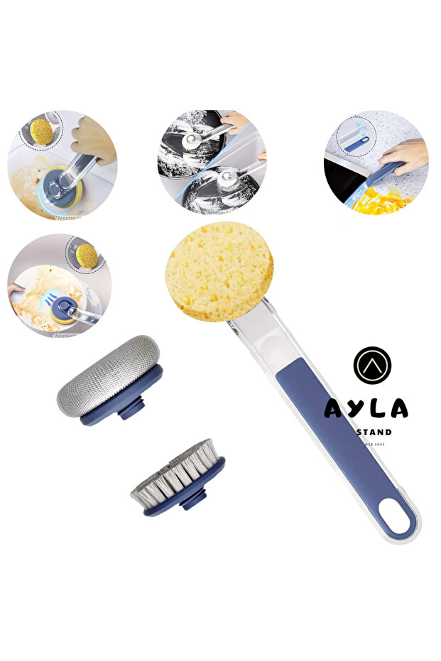 3-Headed Handle Dishwashing Brush – Sponge, Wire and Brush Cleaning Set (Blue)
