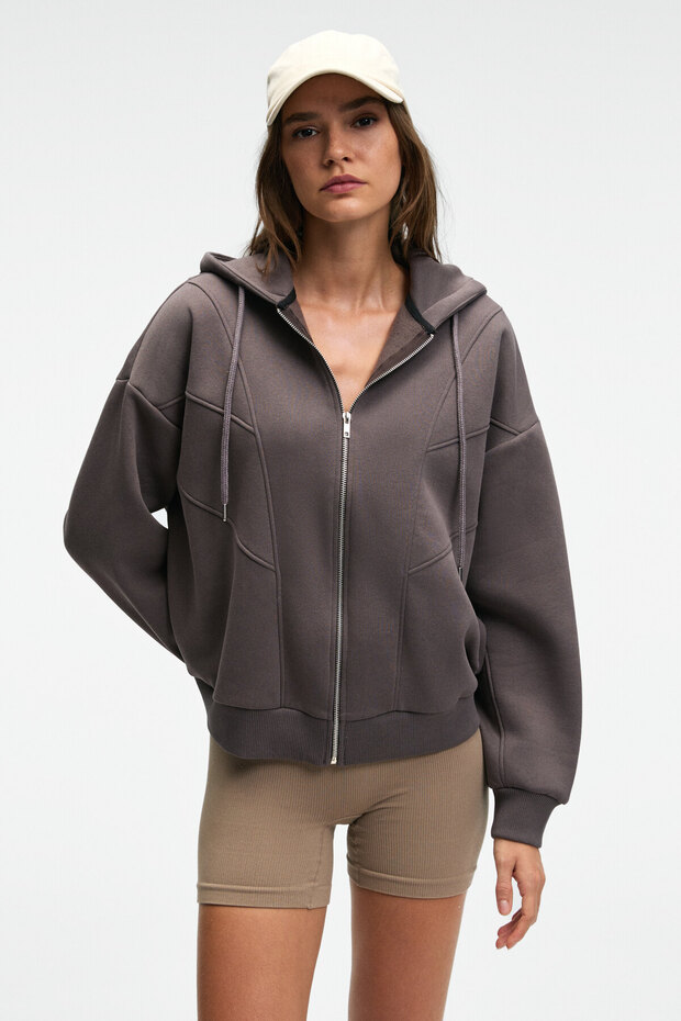 Vyselle Women's Oversized Anthracite Sweatshirt with Cut-Out Front Metal Zipper Hooded Label Detail