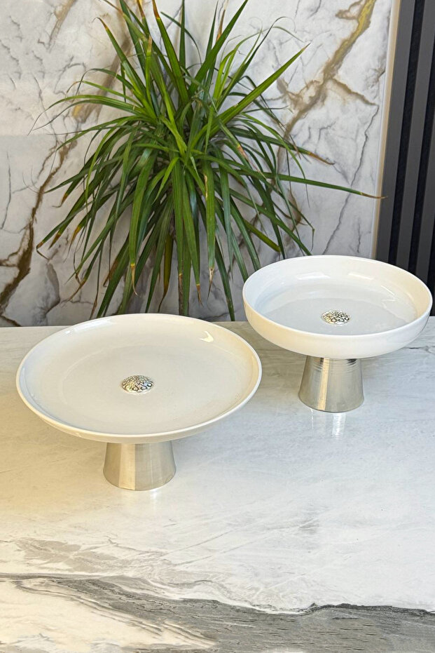Set of 2 Porcelain Silver Footed Plate Bowl & Salad Cake Cookie Presentation Serving (Washable)