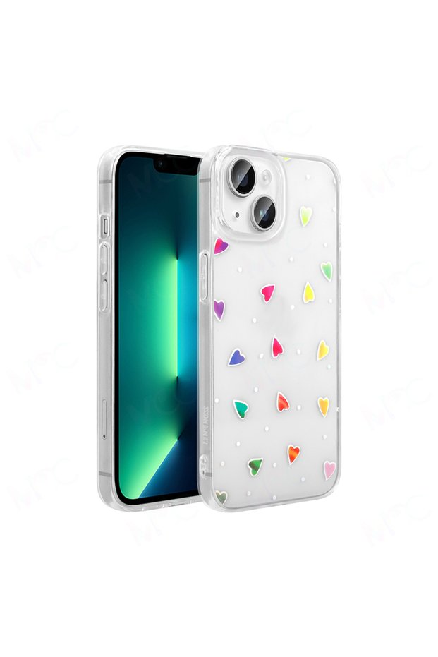 iPhone 14 Case Transparent Figured Zore Folk Hard Cover - Heart