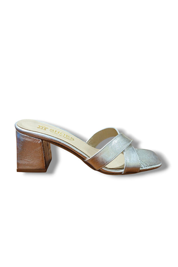 Silver Genuine Skin Leather Heeled Women's Slippers