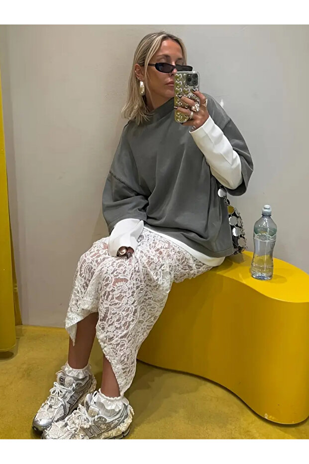 Çiçek Desen Transparan Örme Midi Etek - 3