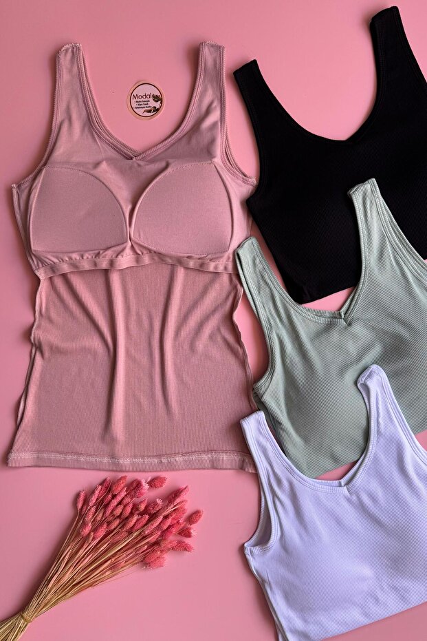 Bratique | 4-Piece Bra Sleeveless Camisole Black, White, Powder and Green, Modal Undershirt 66E53