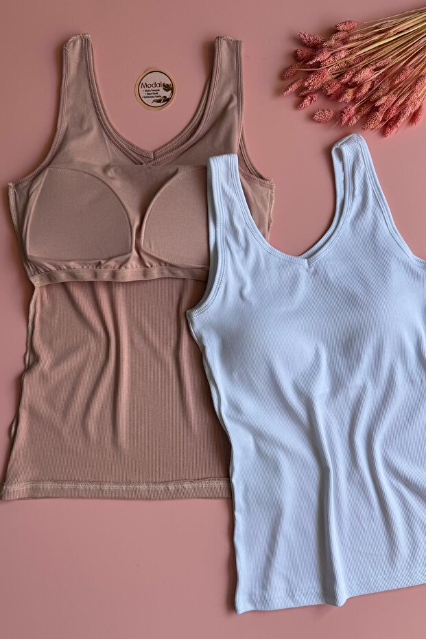 Chic Drape | Modal 2-Piece V-Neck Bra, Powder and White Color Camisole Women's Tank-Blouse 66E53
