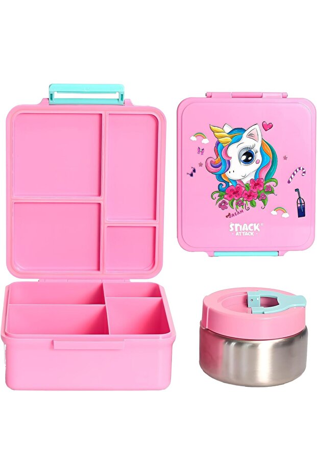 Kids Bento Lunch Box with Thermos Jar - Leak-Proof Stainless Steel Lunch Box, 4 Compart