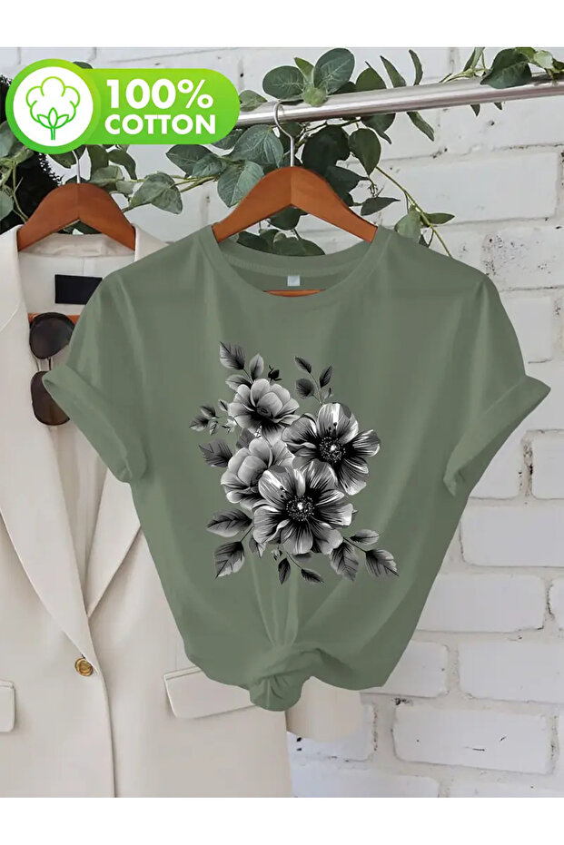 Gray Floral Design Printed Women's Cotton T-Shirt