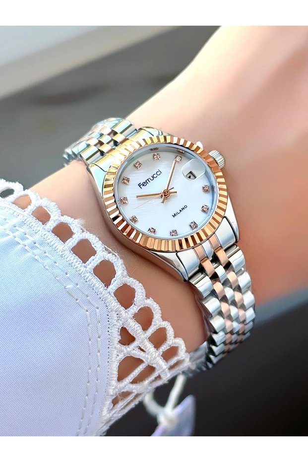 Rose Gold & Silver White Dial Metal Band Women's Wrist Watch with Calendar