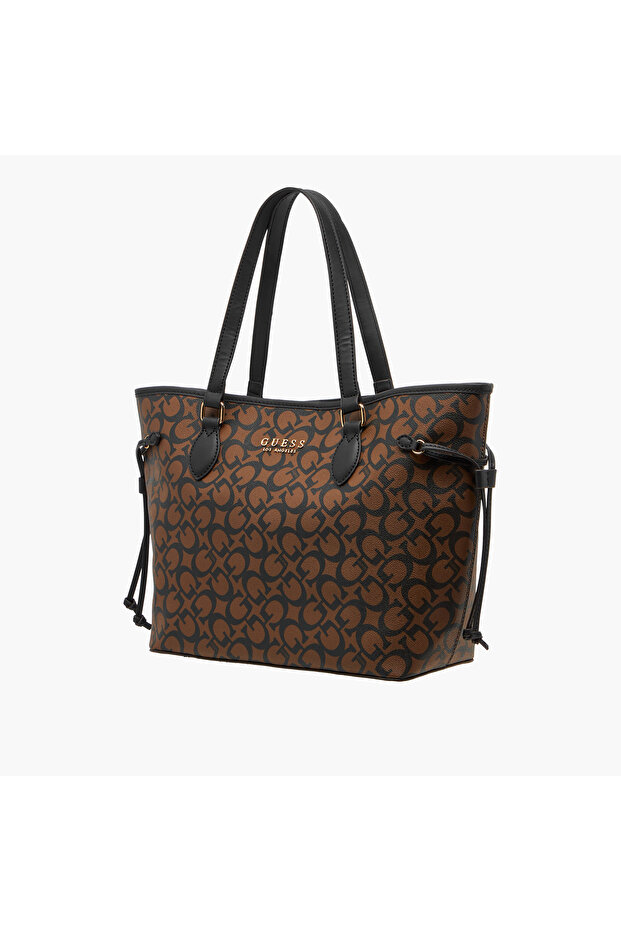 Monogram Print Tote Bag with Double Handle and Zip Closure - 3