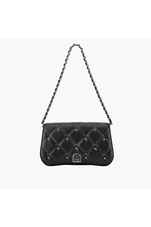 Quilted Shoulder Bag with Chain Accented Strap and Flap Closure