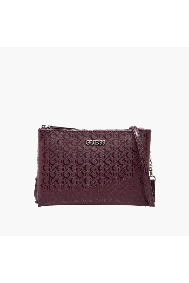 Tidewood Monogram Embossed Crossbody Bag with Chain Accented Strap and Zip Closure - 1