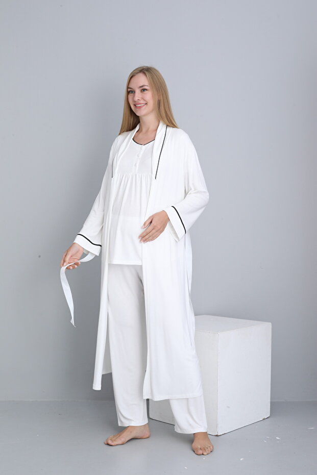 Breastfeeding Suitable Collar Detailed Long Morning Gown Maternity and Postpartum Pajama Set