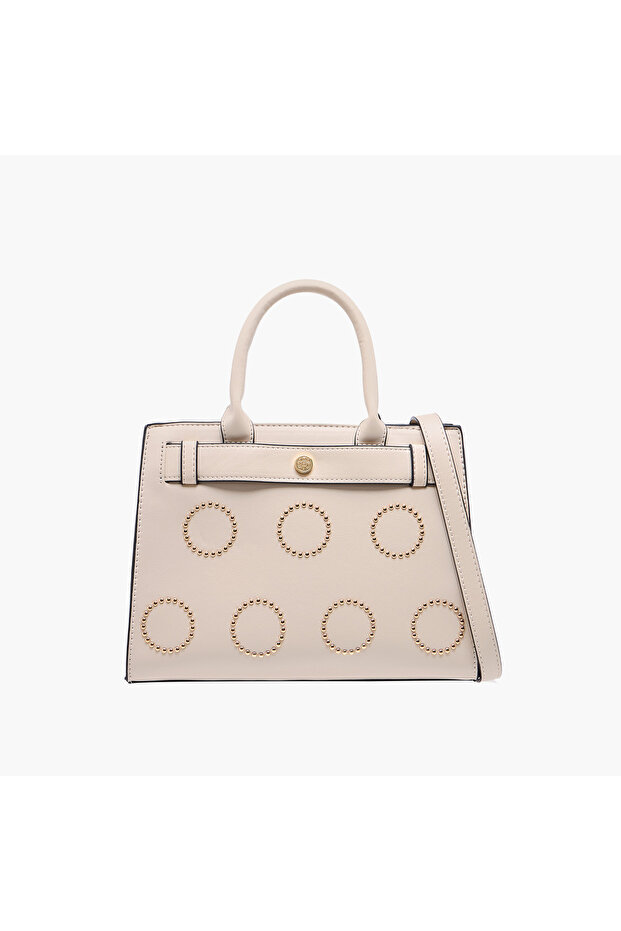 Embellished Tote Bag with Zip Closure and Detachable Strap
