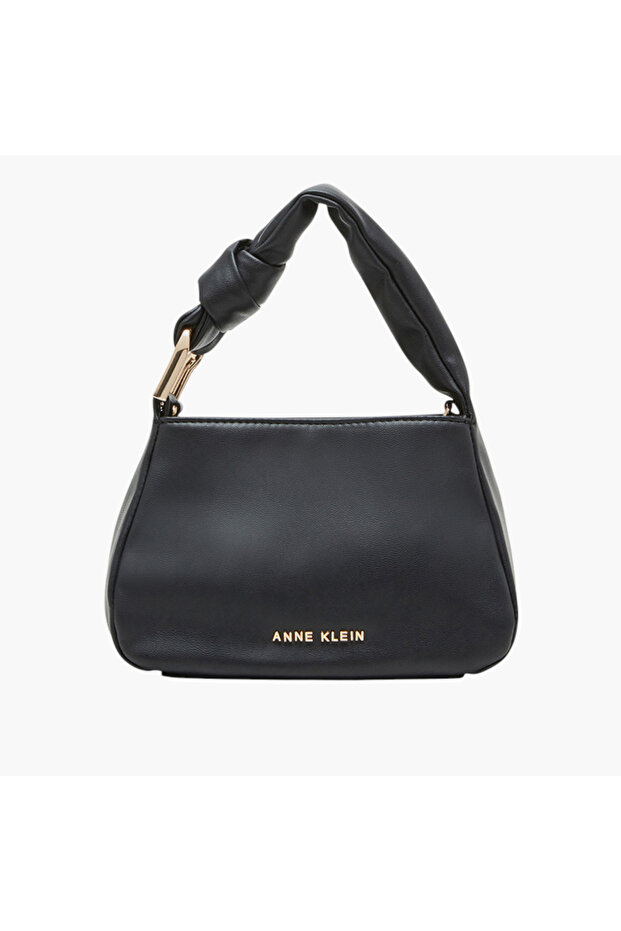 Solid Shoulder Bag with Knot Detail Handle and Button Closure