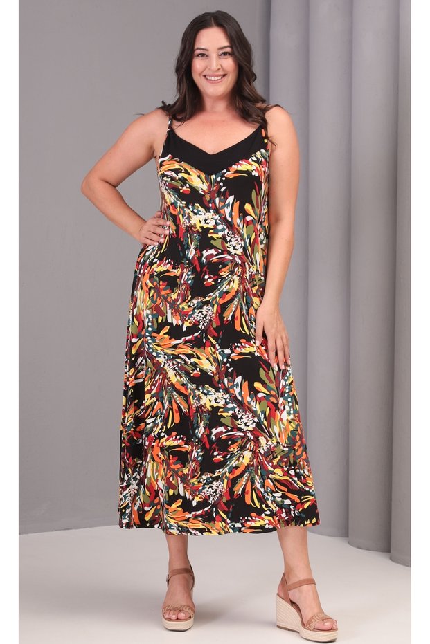 Women's Plus Size Colorful, Roba Garni Detailed, Patterned, Rope Strap Long Dress 65N39080