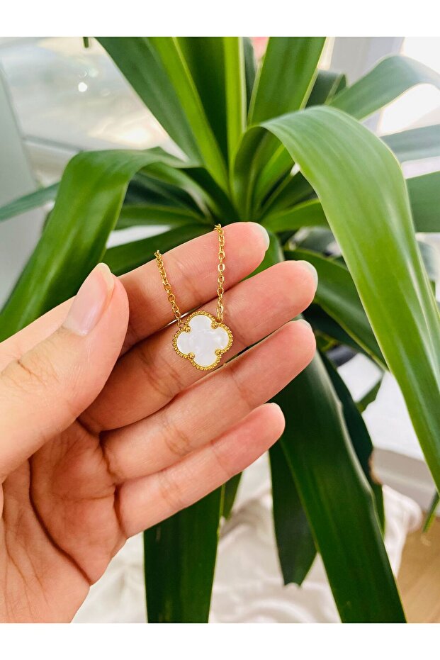 Beyaz Yonca Paslanmaz Çelik Kadın Kolye - 2