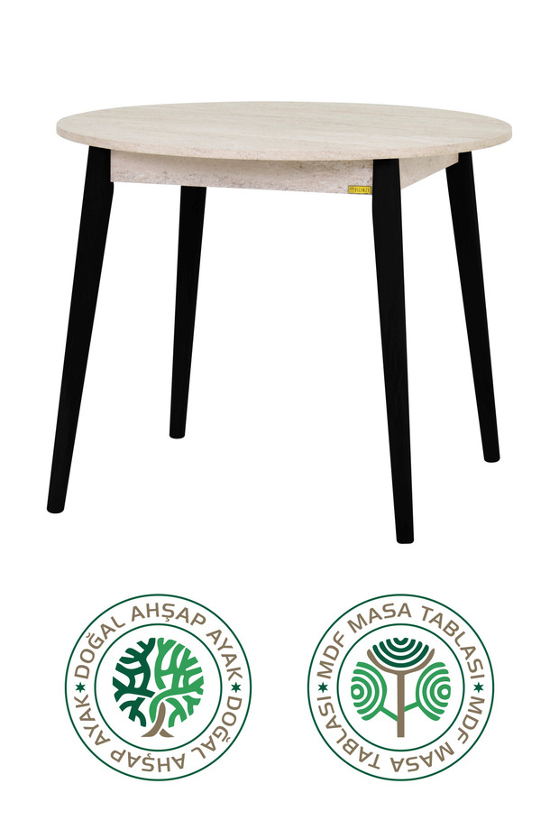 Avanos Ahşap Siyah Ayak Yuvarlak Sabit Mdf Traverten Mutfak Masası - Q90 Cm - 2