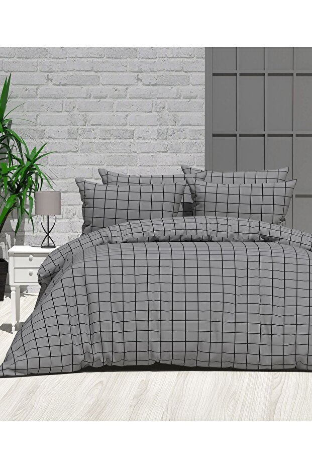 Double Anthracite Square Pattern Duvet Cover Set (with Elastic Sheet) - 1