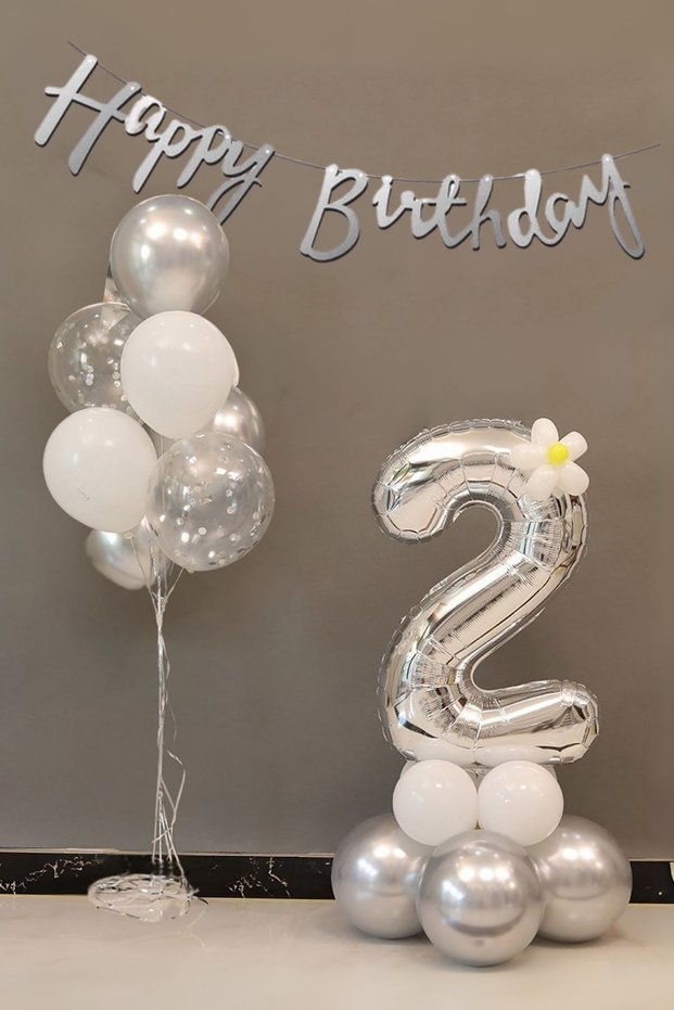 2 Year Old Silver Number Balloon Birthday Party Set Silver Color Number Chrome Balloon Happy Birthday Text