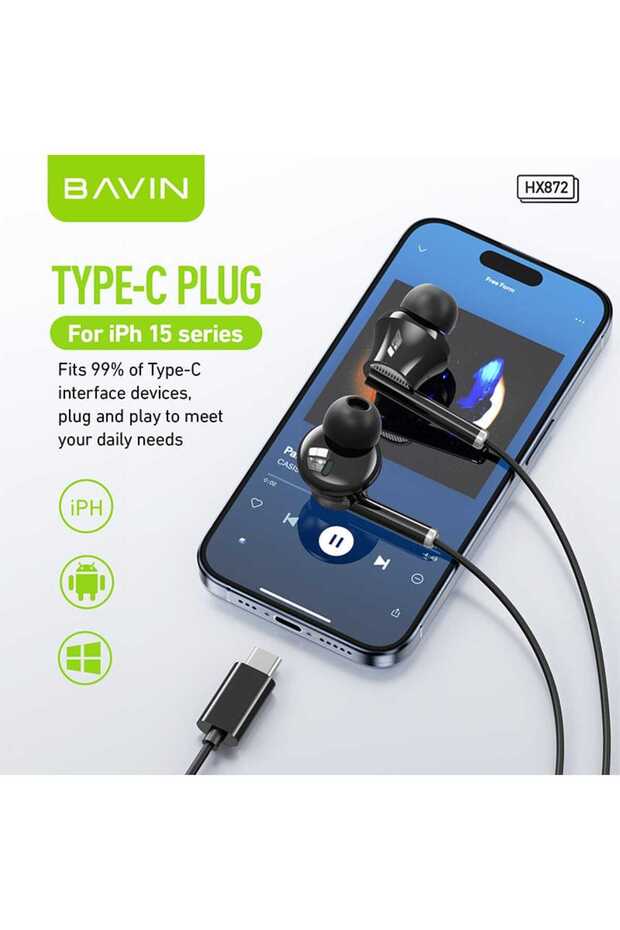 HX872 Type-C Wired Earphone with Microphone, HD Stereo Sound, and Bass Sound, Black - 6