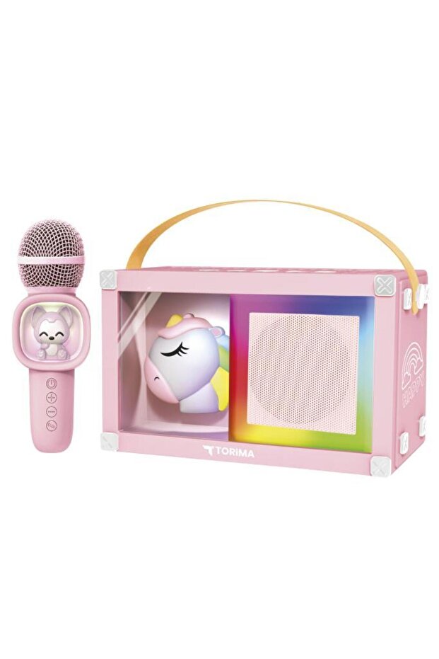 KIDMIC-07 Pembe RGB Unikorn Figürlü Mikrofonlu Karaoke Bluetooth Hoparlör - 2
