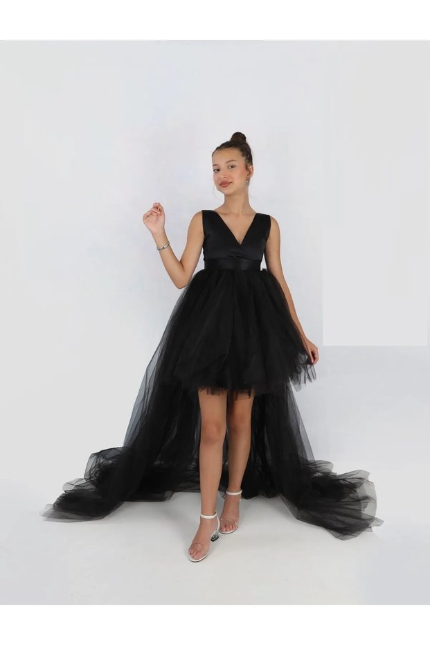 Girl's Black Front Short Back Long Wrap Dress Graduation Party Prom Birthday Dress