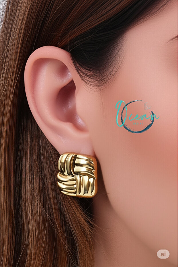 Steel Gold Color Embroidered Square Plate Model Women's Earrings