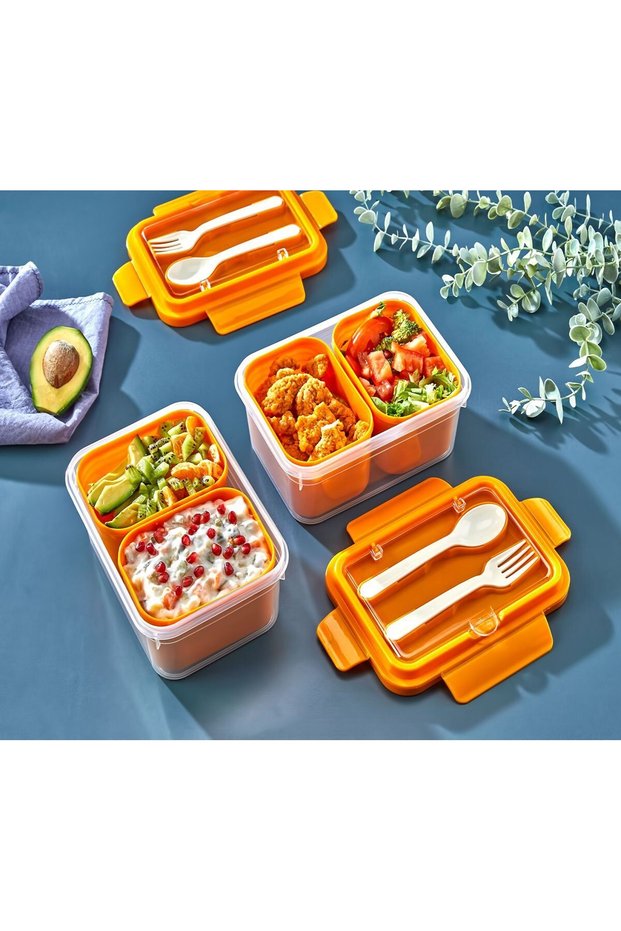 2 Compartments Leakproof Lid Food Storage Container Student School Lunch Box Set with Spoon Fork 2 Colors
