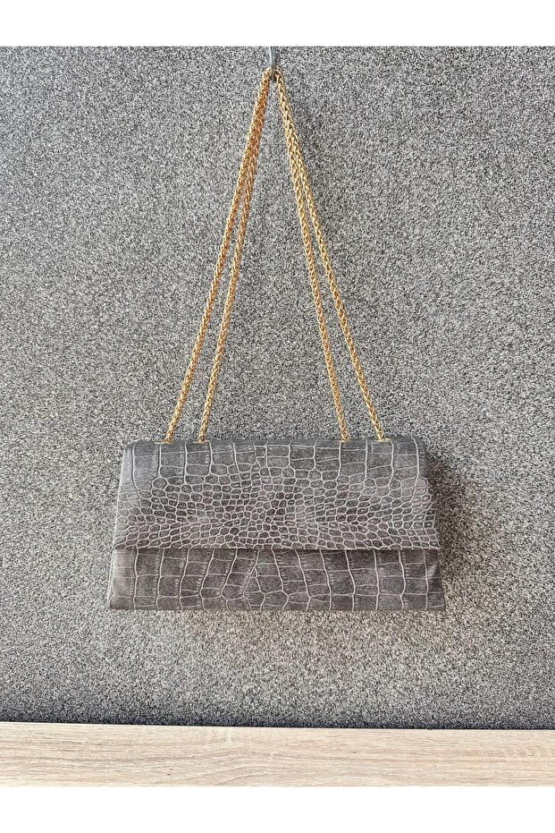 حقيبة سلسلة منقوشة بنمط جلد التمساح باللون الرمادي - 1