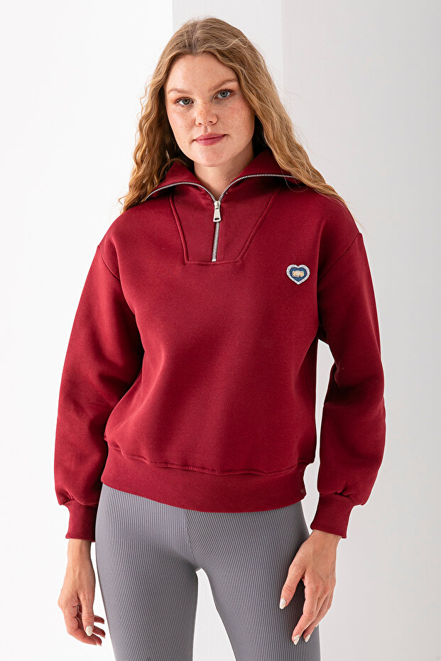 Women's Half Zipper Stone Heart Embroidered 3 Thread Sweatshirt Claret Red - 2665
