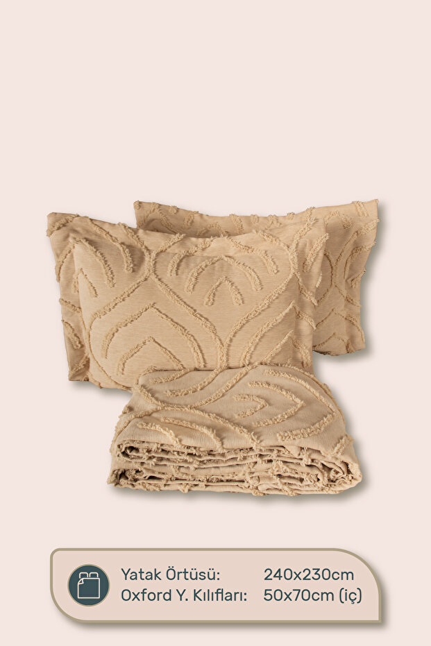 Jun Çift Kişilik Yatak Örtüsü Seti BEJ - İskandinav Bohem Püsküllü Örtü Takımı - Şık Kutu ve Paket - 5