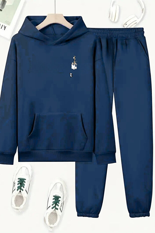 Unisex Navy Blue Panda Pocket Printed Tracksuit Hoodie - Winter Embossed Fabric